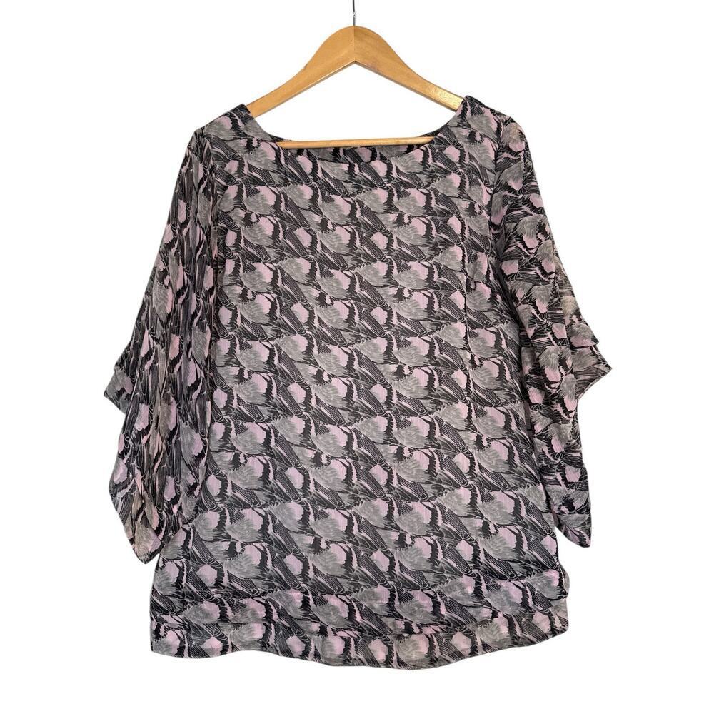 W118 by Walter Baker Women Feathered Wings Boho Pullover Blouse Size M Gray Pink